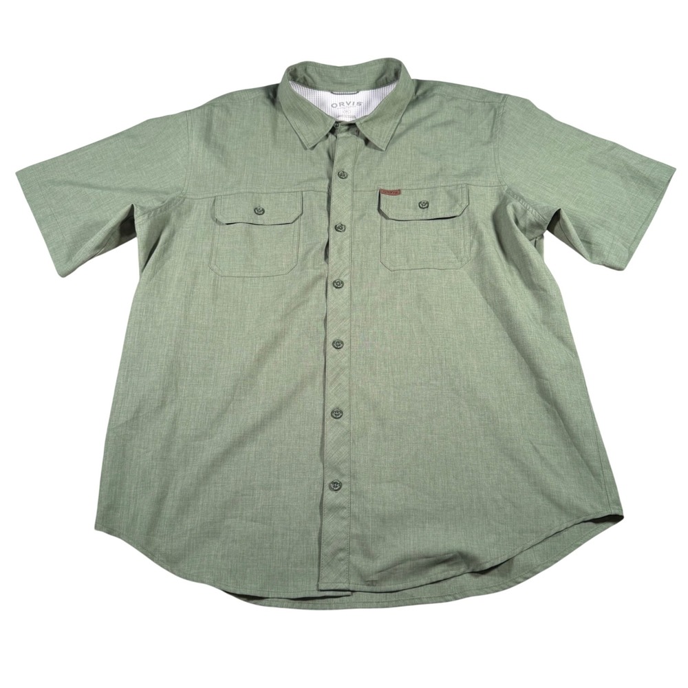 Orvis Button Down Shirt Mens XL Green Short Sleeve Utility Hiking Mesh Lined